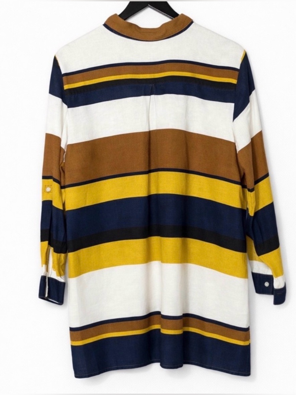 Chico’s Size 3 Striped Button Front Tunic Blouse Mustard Navy White Career Boho - Picture 3 of 4